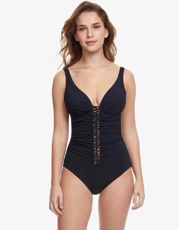 Profile Twist D Cup Plunge V Neck Swimsuit - Black Trendy Swimsuit Bottoms