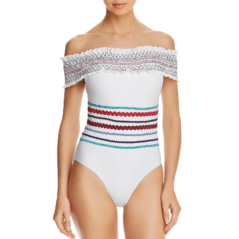 Red Carter Womens Smocked Off Shoulder One-Piece Swimsuit Lace Back Bikini