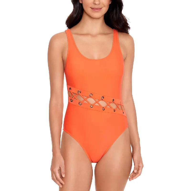 Salt + Cove Womens Removable Padding Laceup One-Piece Swimsuit Sleek Mesh Bikini