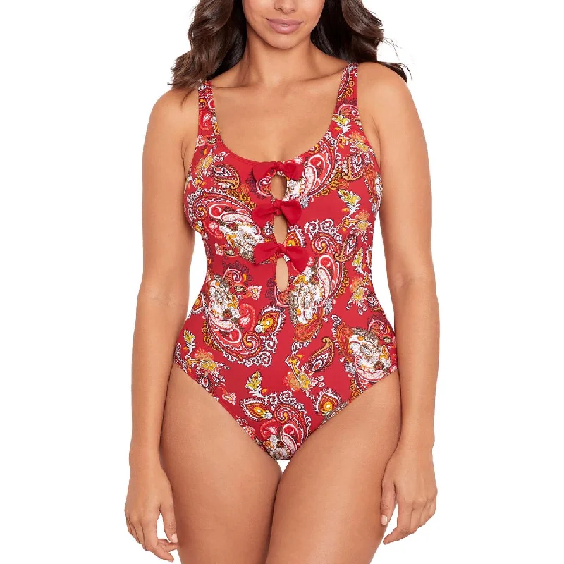 Skinny Dippers Womens Printed Cut-Out One-Piece Swimsuit Mesh Detail Bikini