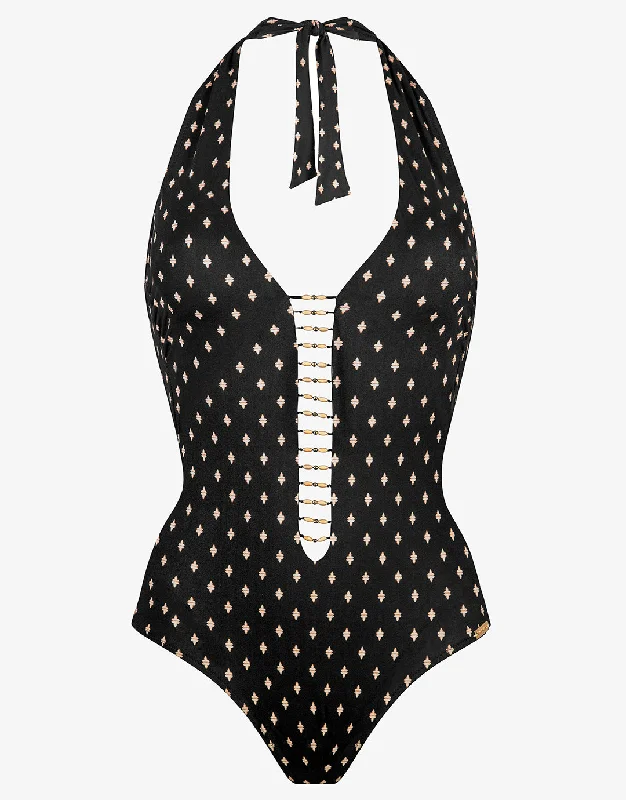 Soul Spots Plunge Halter Swimsuit - Black Chic Beach Cover-Up