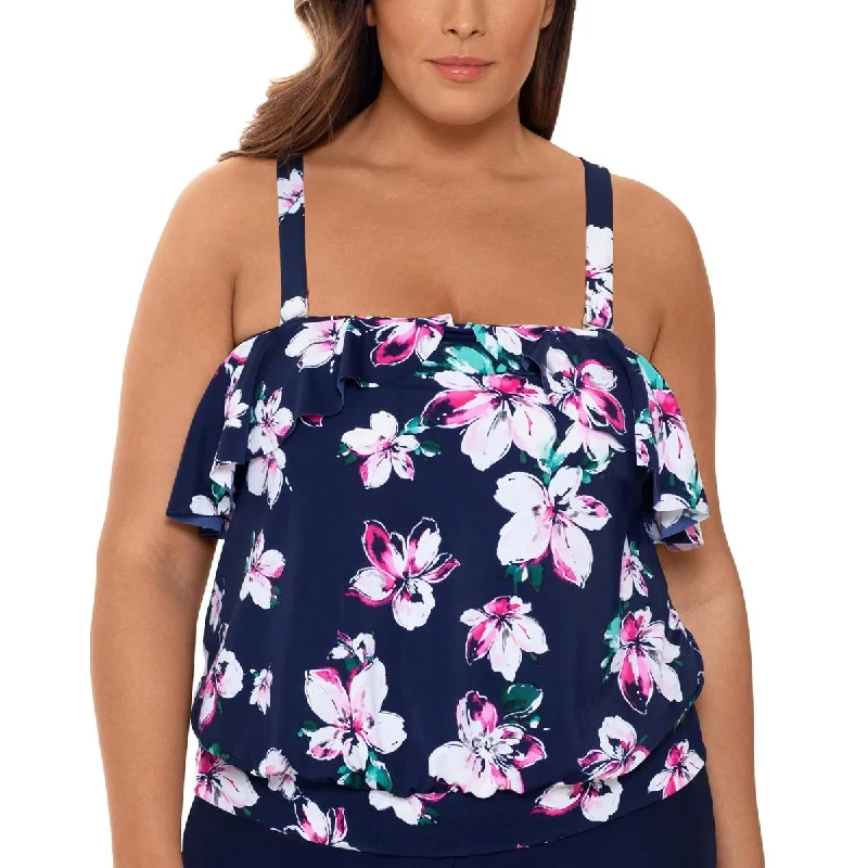 Swim Solutions Womens Plus Floral Ruffled Tankini Swim Top Tropical Print One-Piece