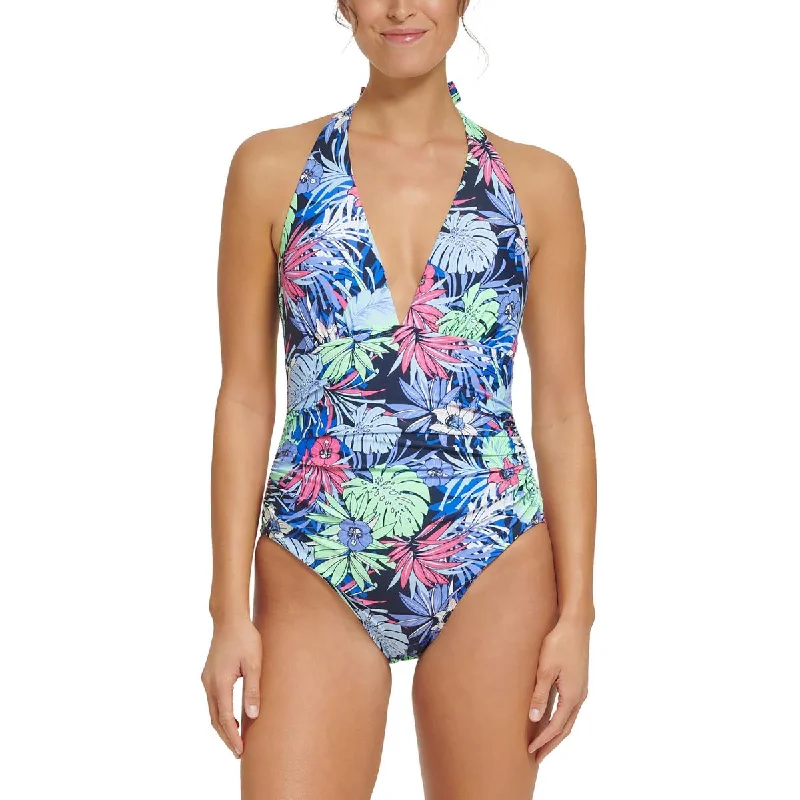Tommy Hilfiger Womens Floral Removable Padding One-Piece Swimsuit Lace Back Bikini