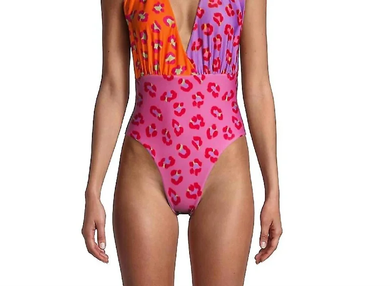 Women's Maxi Leopard Patch Front One Piece Swimsuit In Orange Multi High-Cut One-Piece